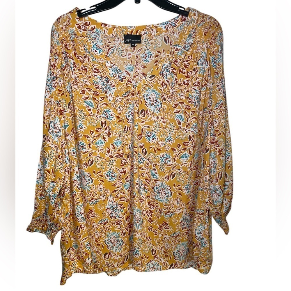 Jones New York mustard w/blue and white floral print 2X